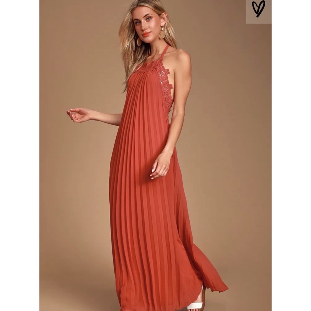 Lulu’s Rust Red Lace Pleated Halter Maxi Dress